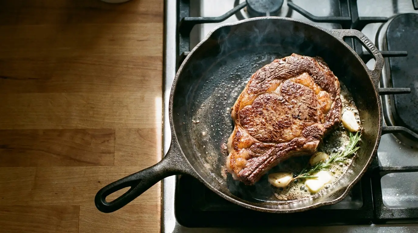 Steak sizzling in cast iron skillet with garlic and rosemary on stovetop
