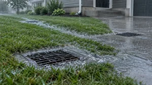 Rainwater flowing into storm drain on suburban street with wet pavement and green grass