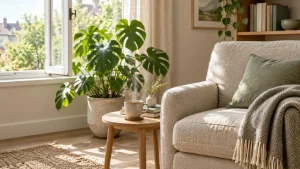 Cozy living room with beige sofa, green cushion, and steaming mug on wooden table near window