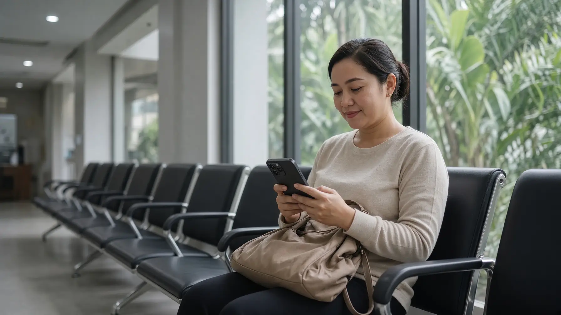 Woman using smartphone while sitting in waiting area with large windows and indoor plants