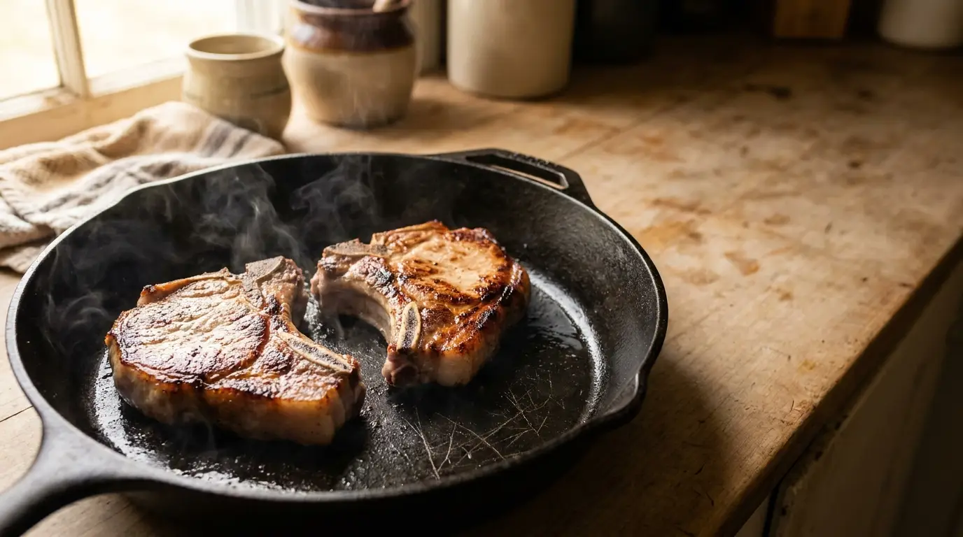 Pork chops sizzling in cast iron skillet on rustic wooden countertop