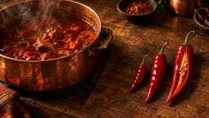 Steaming beef stew in a copper pot with chili peppers on wooden table