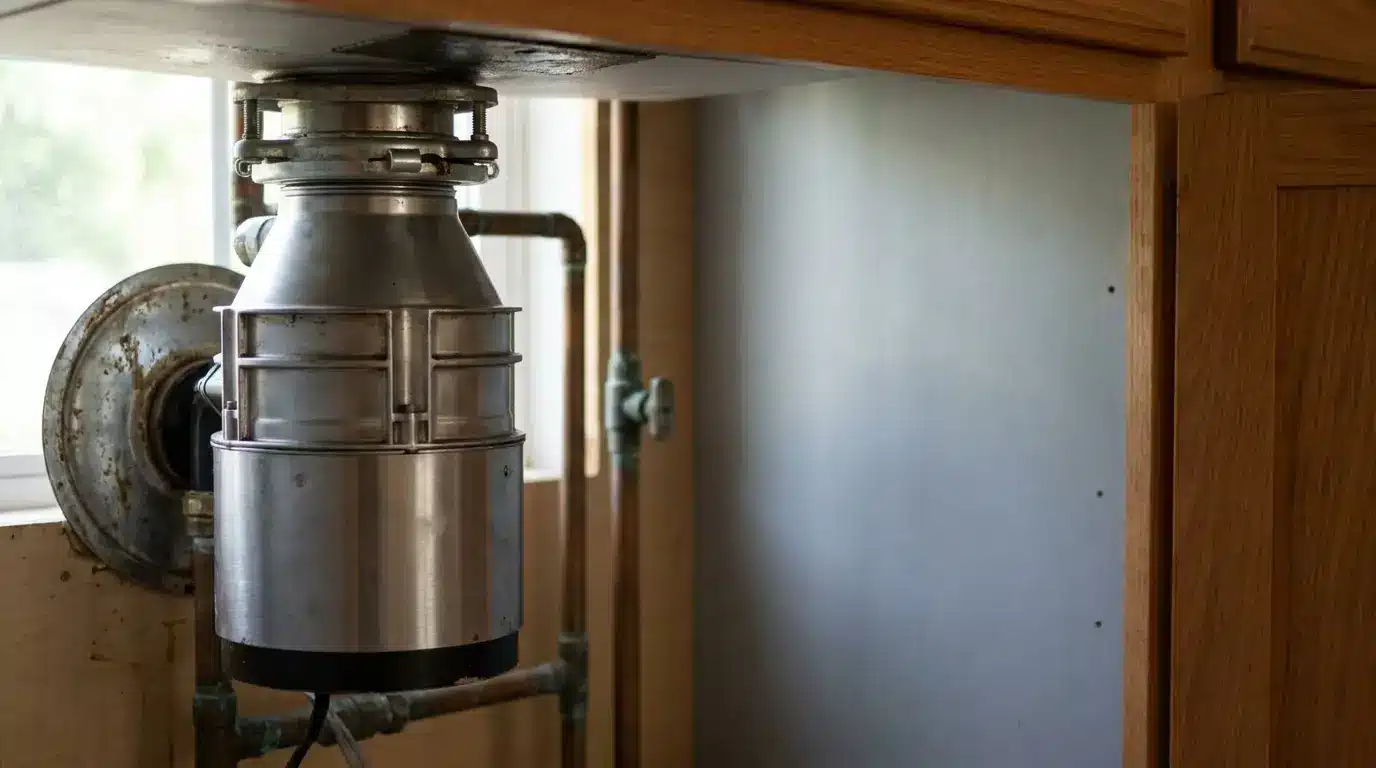Stainless steel garbage disposal unit installed under kitchen sink with wooden cabinetry