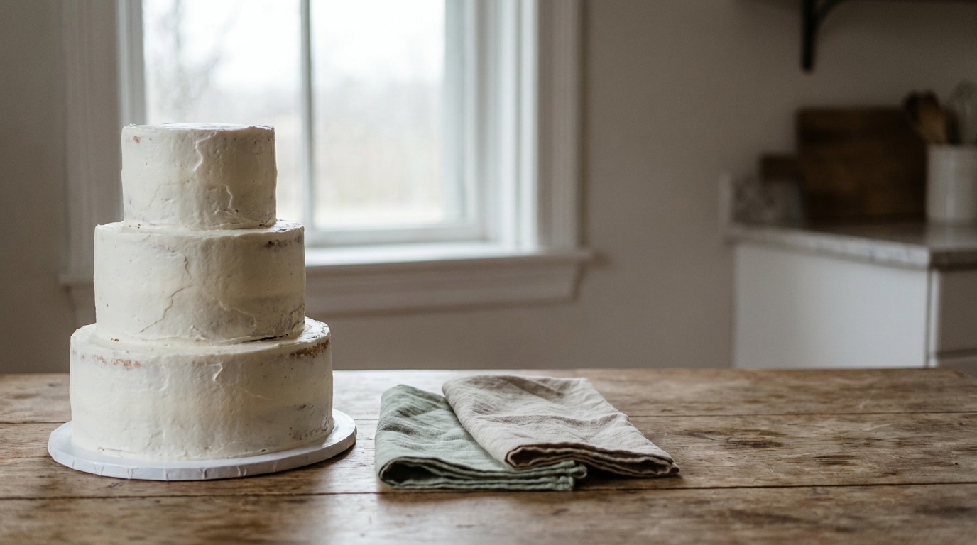 Three-tiered white cake on rustic wooden table with folded linens in bright kitchen setting