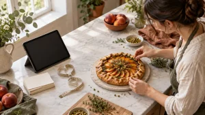 A woman garnishing peach galette in a bright kitchen with a tablet and fresh peaches nearby