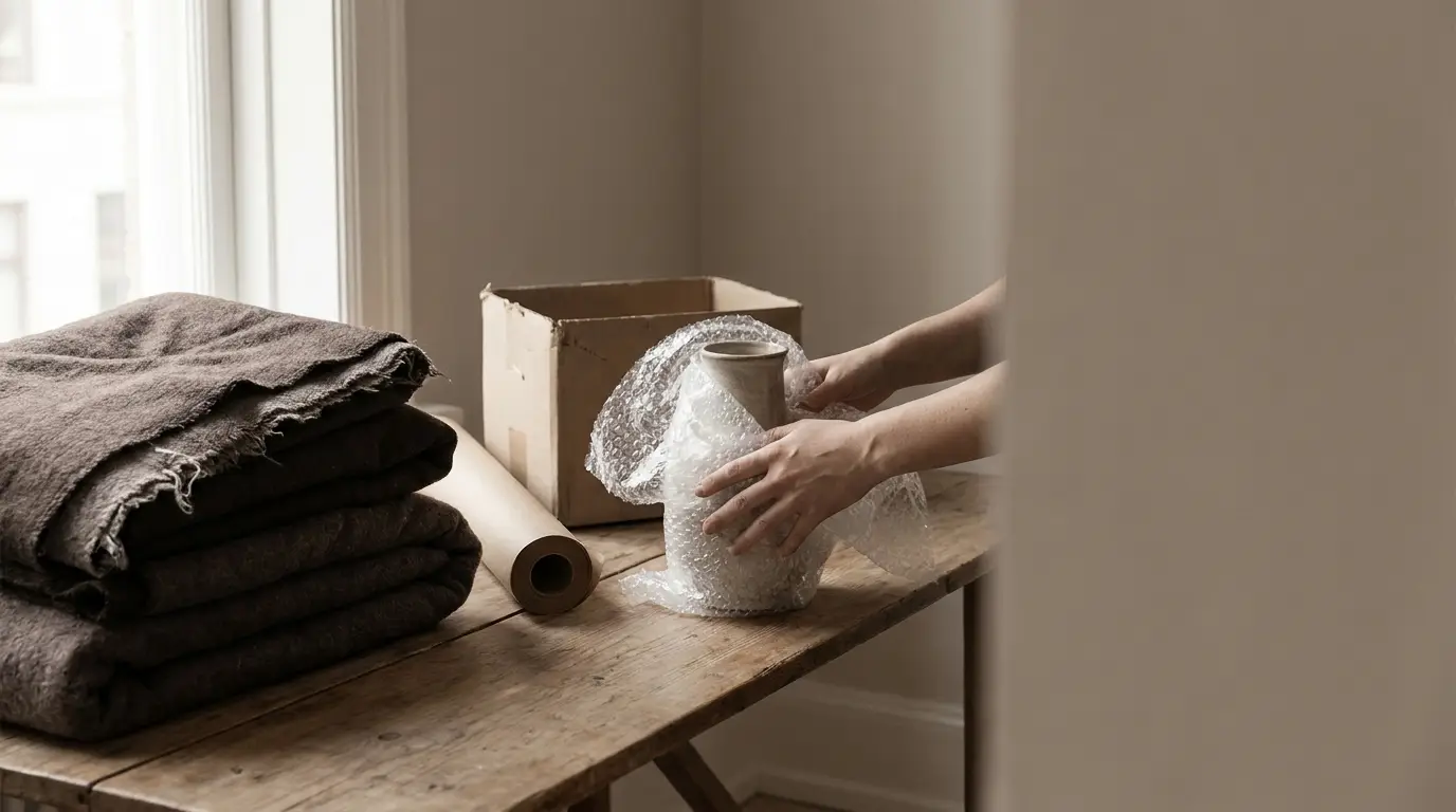 Hands wrapping ceramic vase in bubble wrap on wooden table with blankets and box nearby