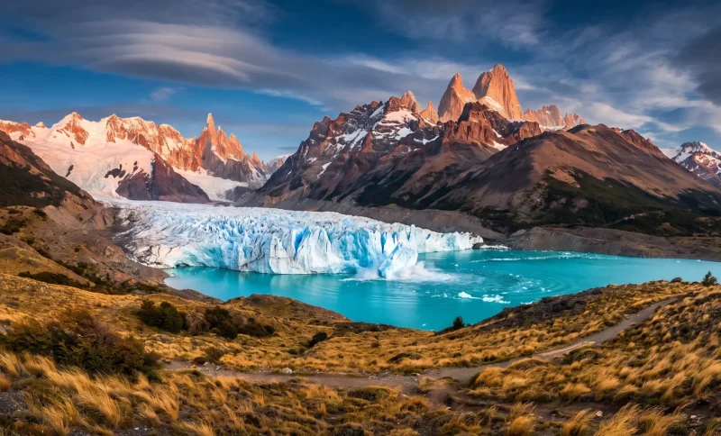 Majestic mountains and glacier with turquoise lake under dramatic sky in remote wilderness setting