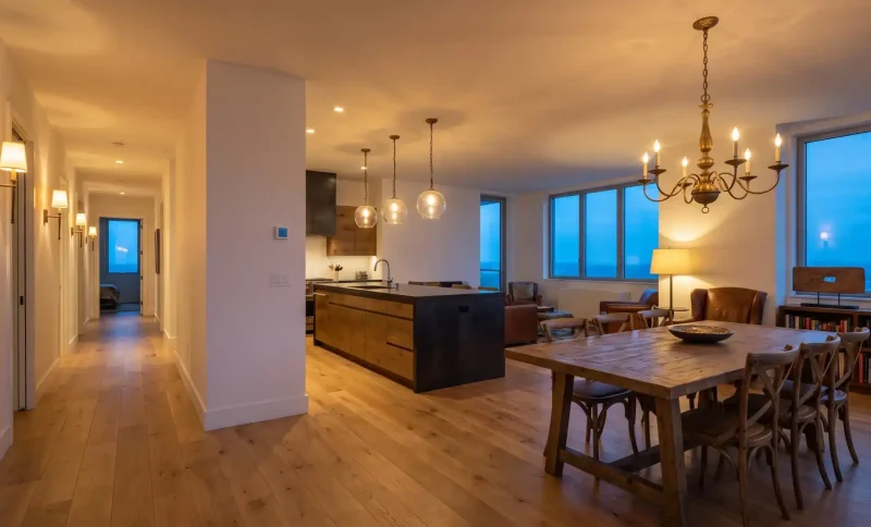 Open-concept living area with wooden dining table and chairs under warm ambient lighting
