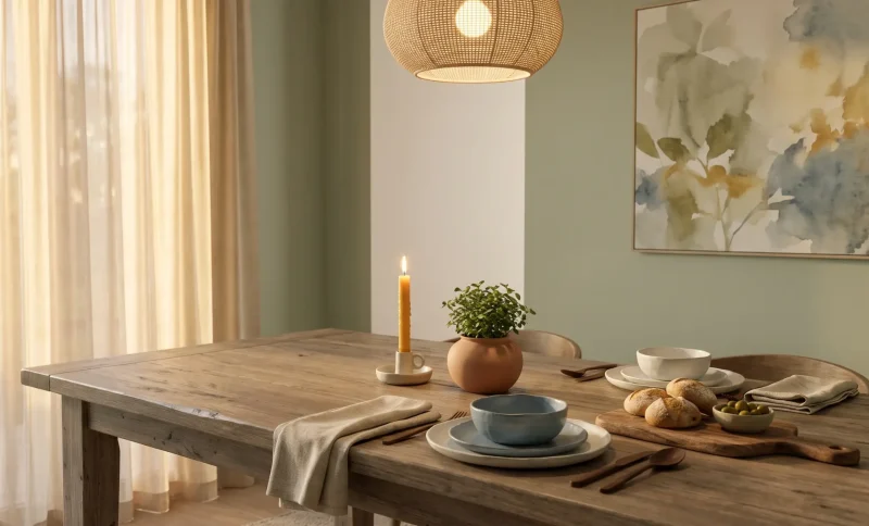 Dining table set with ceramic dishware, bread, and olives in a softly lit room with abstract art