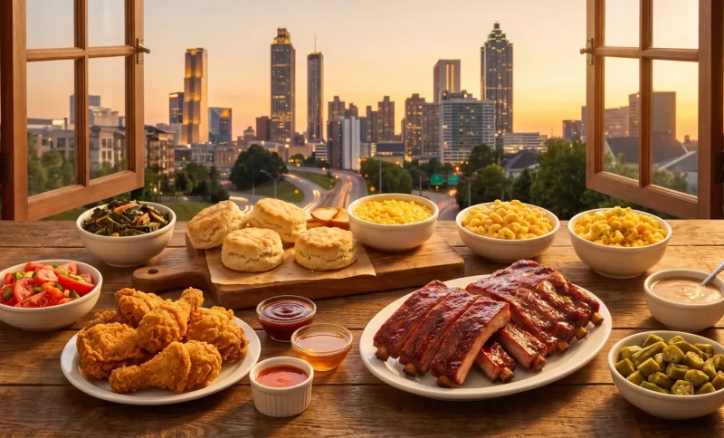 Southern-style meal including fried chicken, biscuits, ribs, and sides on wooden table overlooking cityscape