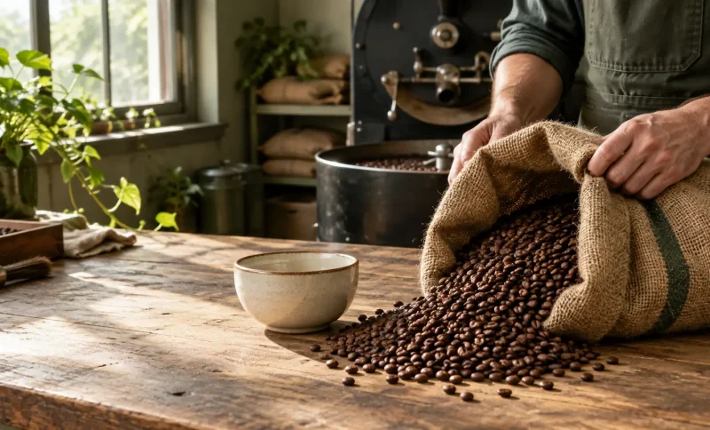 Hands pouring coffee beans from burlap sack onto wooden table in sunlit room