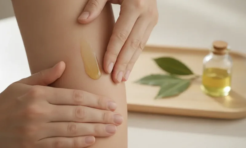 Person applying honey-colored wax to skin in bright indoor setting with oil bottle nearby
