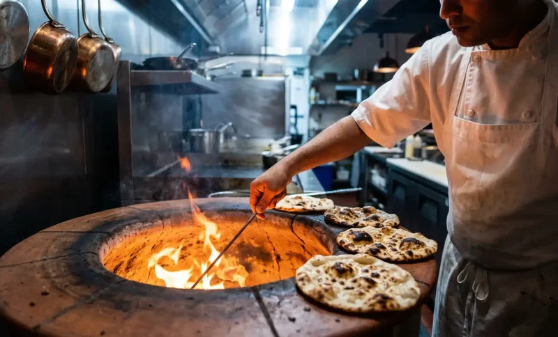 Chef baking naan in tandoor oven in professional kitchen with hanging copper pots