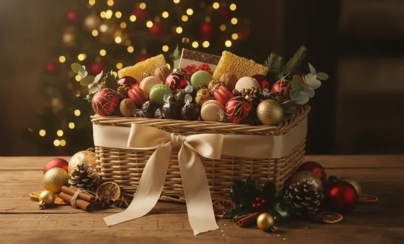 Festive gift basket with assorted treats and ornaments on wooden table, decorated with a bow