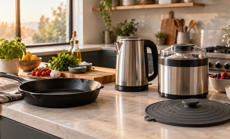 Stainless steel kettle and ice cream maker on marble countertop in sunlit kitchen with fresh ingredients