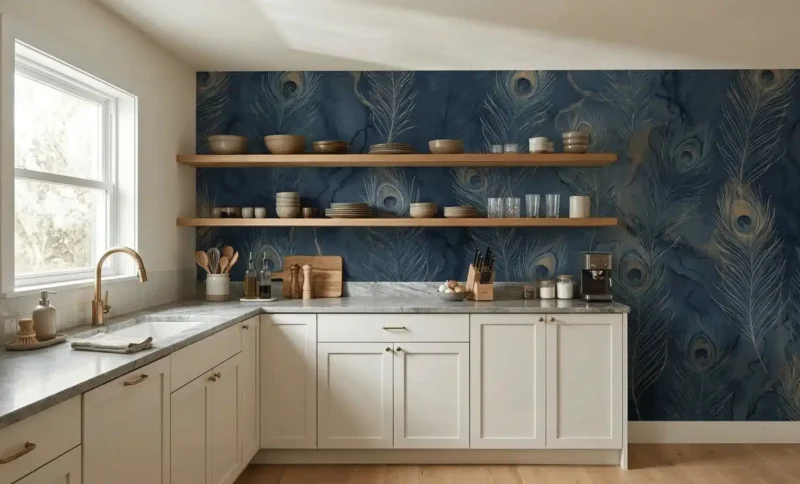 Neutral-toned kitchen with marble countertops and open wooden shelves against peacock feather wallpaper