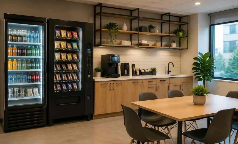 Modern office break room with vending machines, coffee station, wooden cabinets, and plants