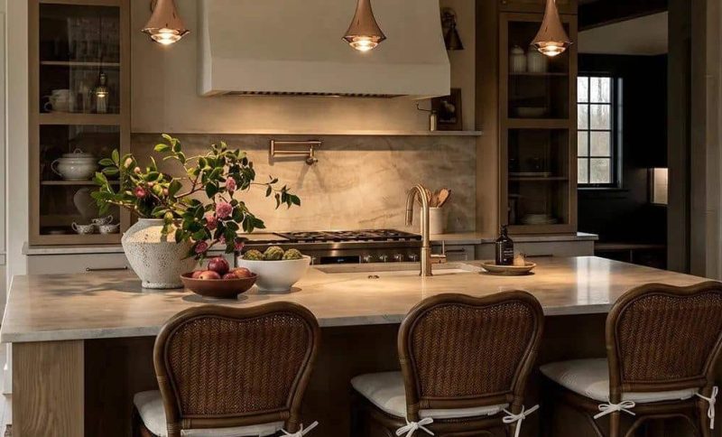Cozy kitchen with marble countertop, wooden barstools, and pendant lighting in warm tones