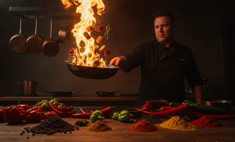 Chef tossing flaming vegetables in pan with spices and peppers on wooden table in dimly lit kitchen