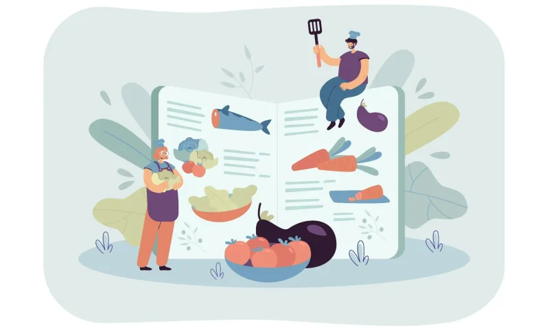 Illustrated chefs with vegetables around a giant recipe book, featuring carrots and eggplant