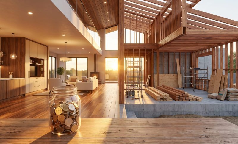 Jar of coins on wooden table in partially constructed modern home with sunlight streaming through