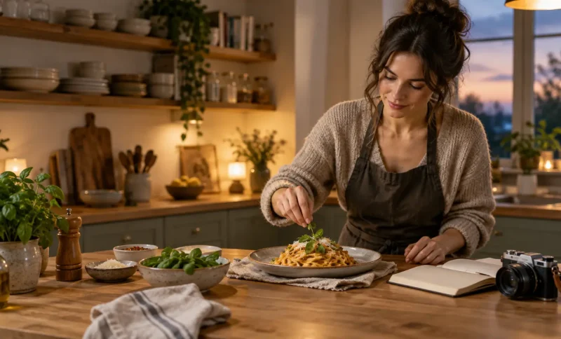Woman garnishing pasta dish in cozy kitchen with wooden shelves and warm lighting