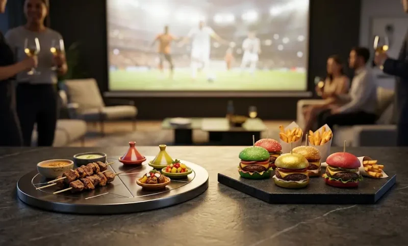 Mini burgers and fries on table with people watching sports in cozy living room setting
