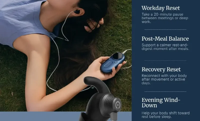 Woman relaxing on grass with earphones and blue music player under daylight