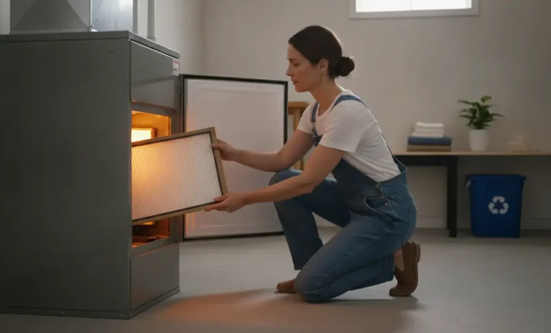 Person replacing air filter in a furnace room with recycling bin and shelf in background