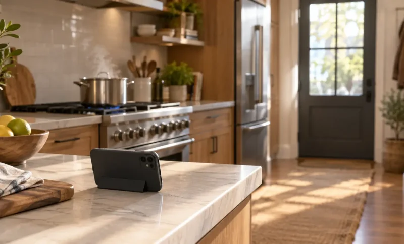 Smartphone on marble countertop in modern kitchen with steaming pot on stove