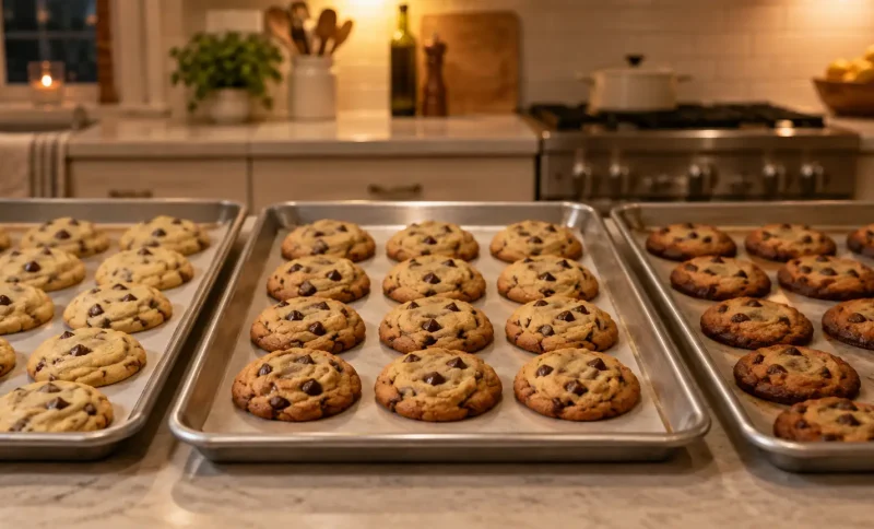 Baking trays with chocolate chip cookies in warm rustic kitchen ambiance