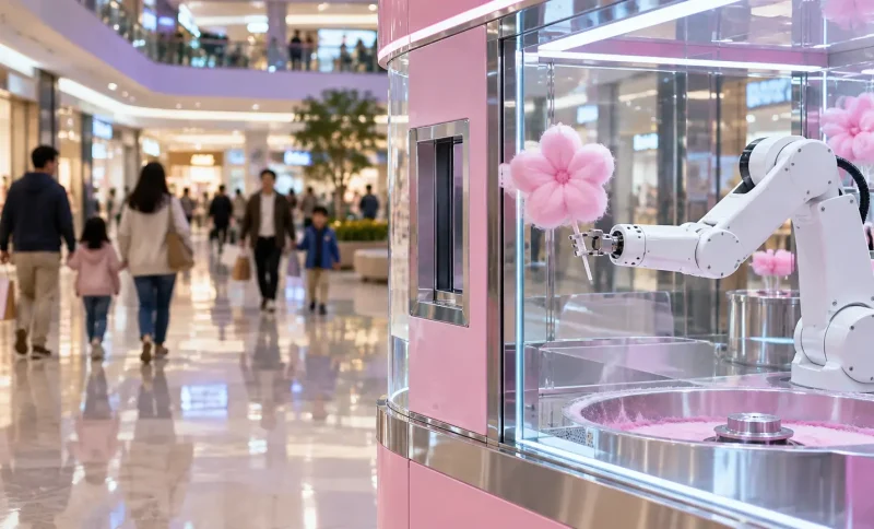 Robotic arm creating pink cotton candy in modern shopping mall setting