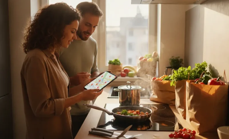 Couple using tablet in sunlit kitchen with fresh vegetables and steaming skillet on stove