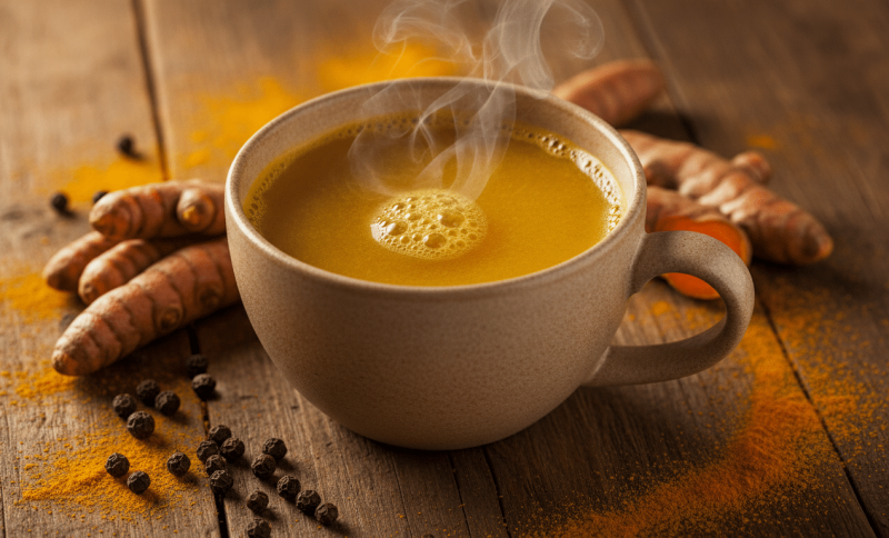 Steaming cup of turmeric tea on rustic wooden table with fresh turmeric roots and peppercorns
