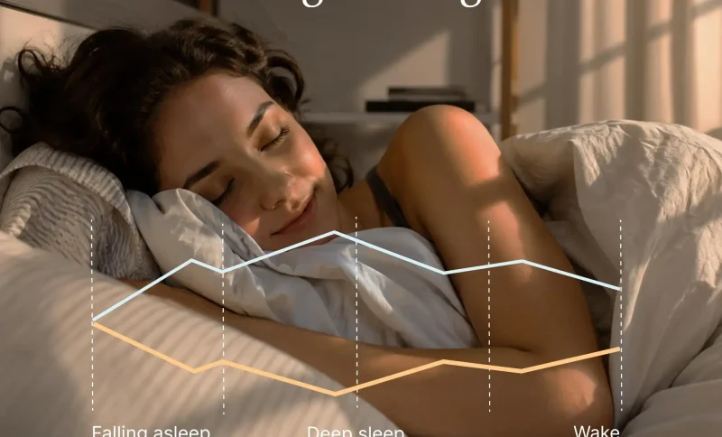 Woman sleeping in bed with light blanket in softly lit bedroom