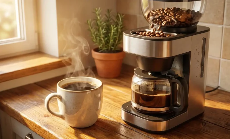 Coffee maker and steaming mug on wooden countertop in sunlit kitchen