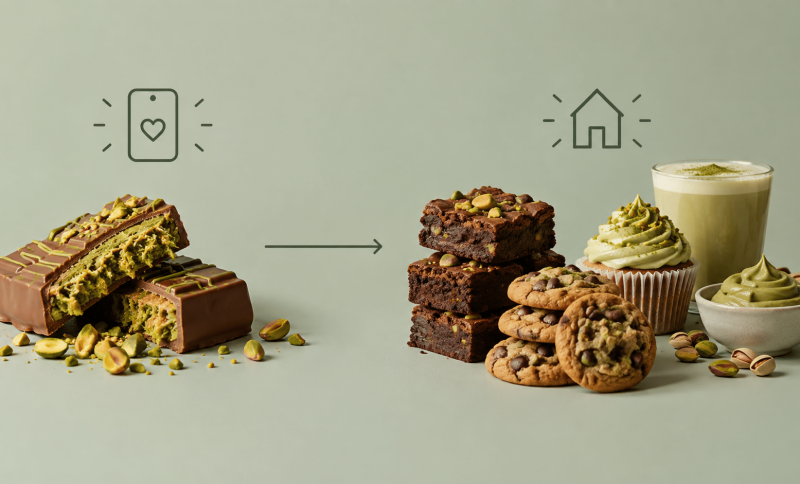 Chocolate-coated pistachio bars, matcha cupcakes, and cookies on pastel green background