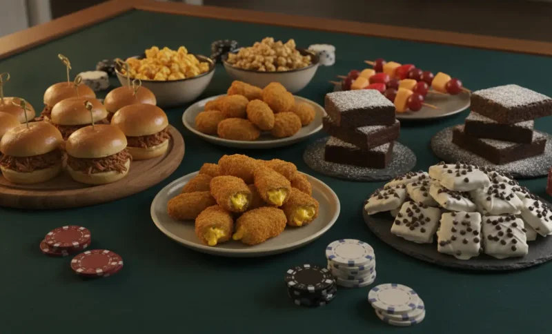 Assorted appetizers and desserts on poker table with sliders, jalapeño poppers, brownies, and cheese skewers