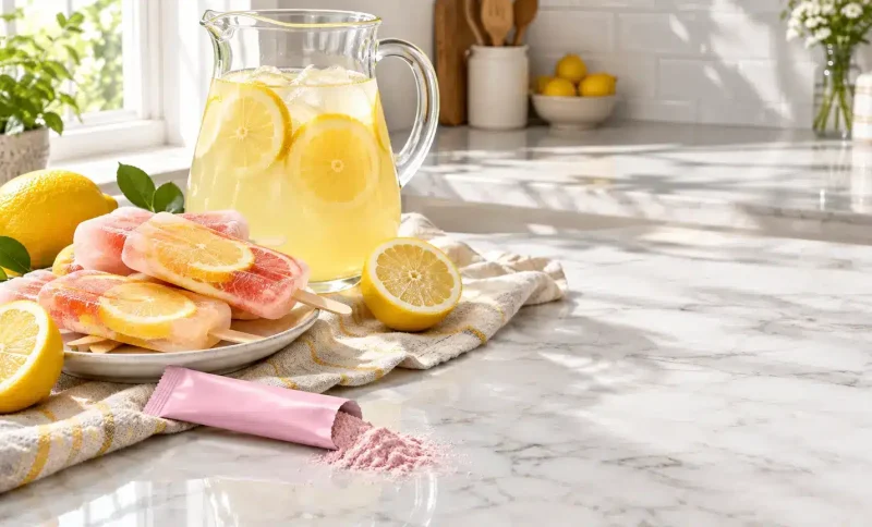 Lemonade pitcher and fruit popsicles on a marble countertop with sliced lemons and fresh herbs