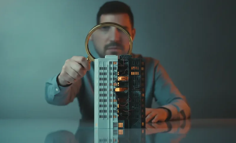 Man holding magnifying glass over contrasting black and white building models on reflective surface