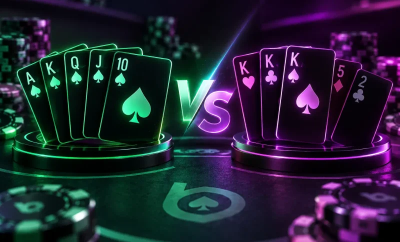 Neon poker hands with chips on casino table in dramatic lighting