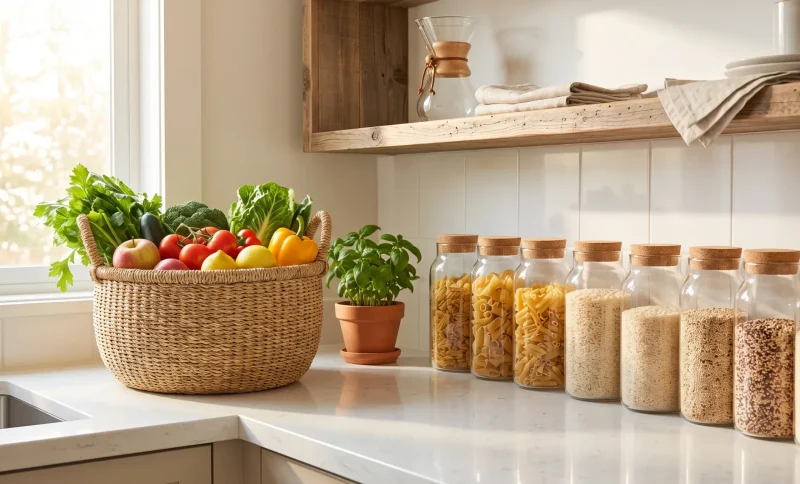 Wicker basket of fresh vegetables on kitchen counter with jars of pasta and grains