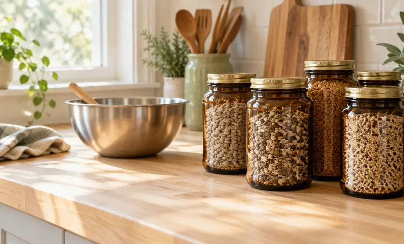 Jars filled with grains and seeds next to mixing bowl on sunlit kitchen counter