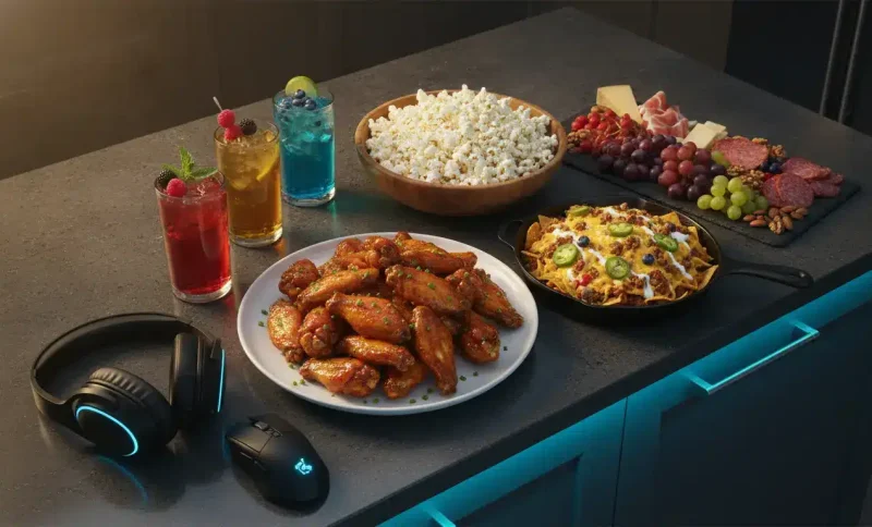 Plate of spicy chicken wings and nachos on a dark kitchen countertop with drinks and snacks