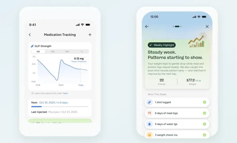 Two smartphone screens displaying health app with medication tracking and weekly progress charts