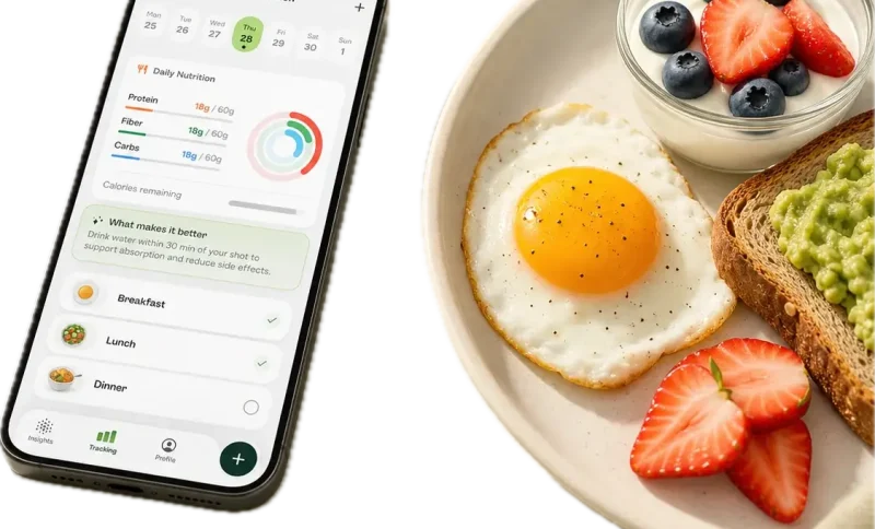 Smartphone displaying nutrition app next to plate with avocado toast, fried egg, and fruit yogurt