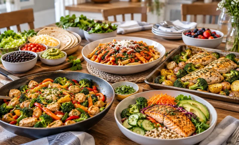 Assorted healthy dishes including pasta, grilled chicken, and salmon salad on a wooden dining table