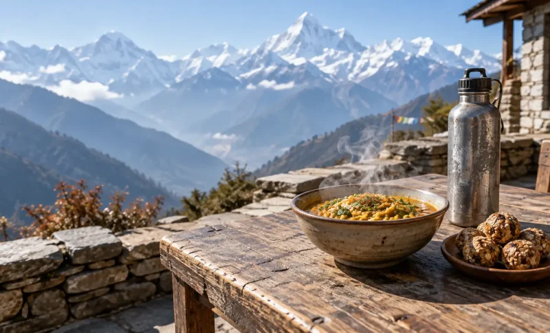 Steaming bowl of curry with snacks and thermos on rustic table overlooking snow-capped mountains