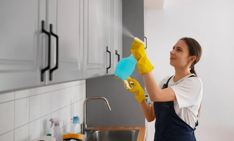 Person wearing gloves cleaning kitchen cabinets with spray bottle above sink