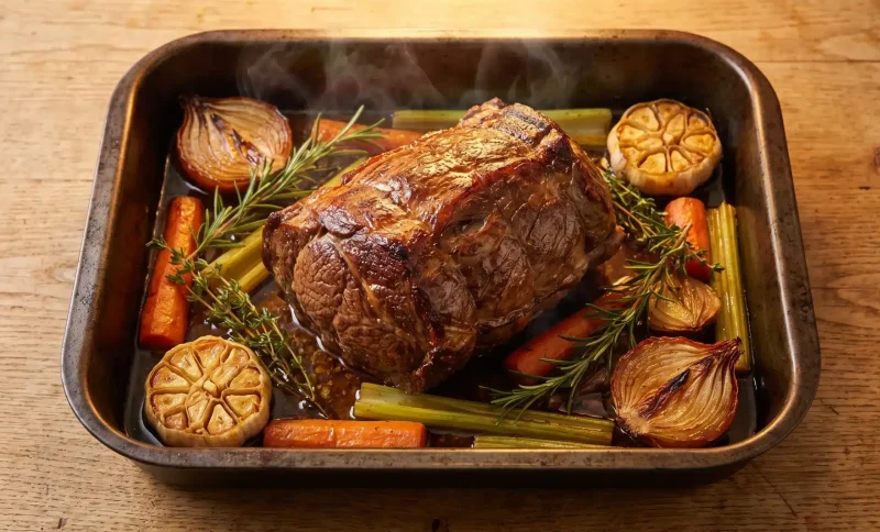 Roast beef with garlic, onions, carrots, and rosemary in a baking tray on wooden table
